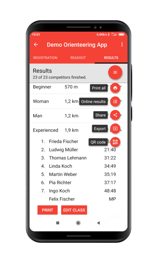 SPORTident Orienteering App - Share and print results